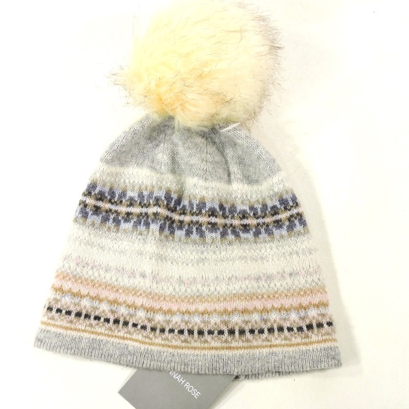 HANNAH ROSE ⚜ WOMEN'S GREY CASHMERE WINTER KNIT POMPOM HAT - Picture 2 of 3